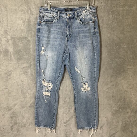 Judy Blue Jeans 13/31 Straight Fit Stretch Blue Distressed Raw Hem Denim JB82391 - Picture 1 of 9